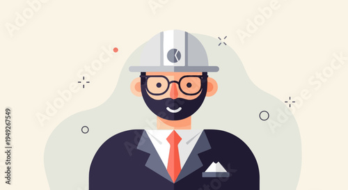 Bearded man in hard hat, glasses, suit, and tie with abstract background