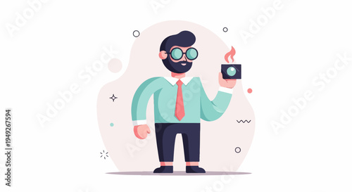 Bearded man with round glasses holds a camera with a flame