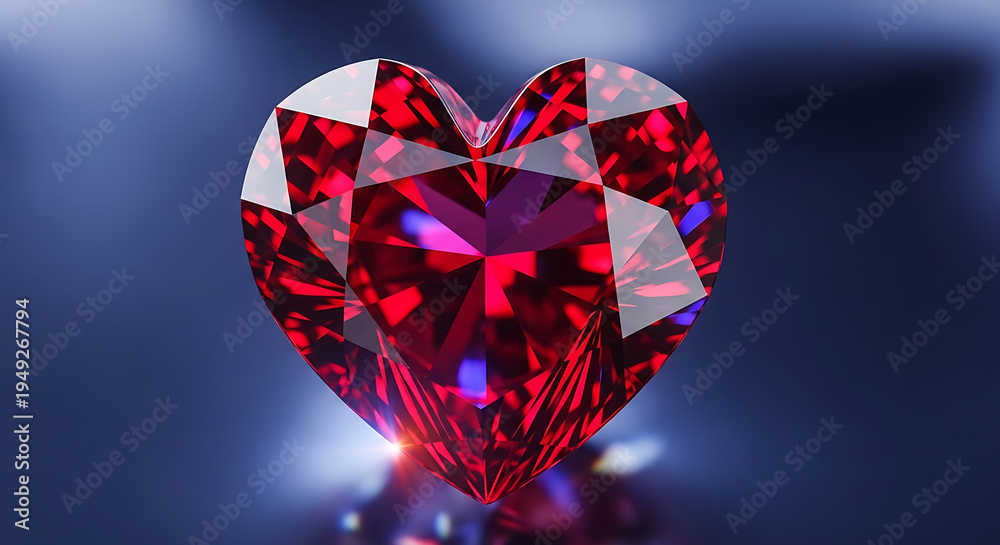 Fototapeta premium A radiant heart-shaped ruby gemstone, exquisitely cut and shimmering with brilliant facets, symbolizing deep love, passion, and elegance on a sophisticated dark backdrop