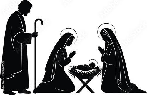 Minimalist black silhouette of nativity scene, holy night, religious Christmas story, figures with manger, isolated on white background, vector illustration