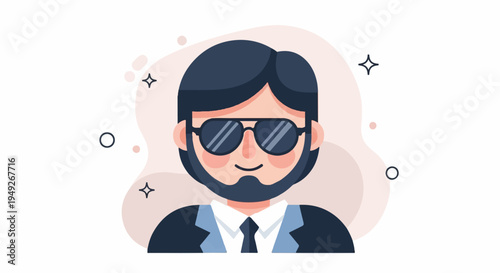 Bearded man with sunglasses and suit, in a flat illustrated style