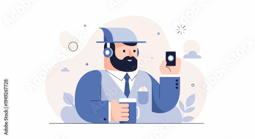 Bearded man in hat with headphones holding phone and coffee cup