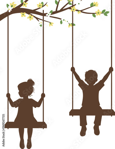 Silhouette of a Little Boy and Girl Sitting on Swings Hanging from a Spring Tree Branch with Yellow Flowers Isolated on White Background