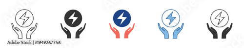 Collection of vector icons featuring hands holding a lightning bolt symbol, representing energy, power, electricity, resource protection, conservation, and sustainable power