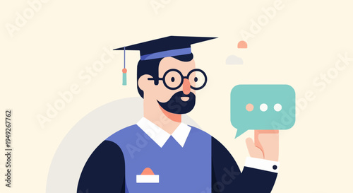 Cartoon academic in cap and glasses holds speech bubble with dots