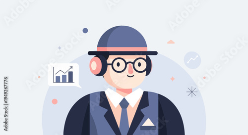 Cartoon analyst in hat and glasses with upward trending graph