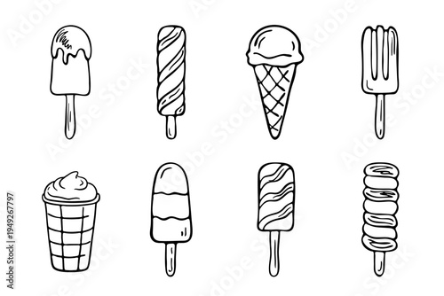 Hand drawn retail ice creams set, black line sketch isolated on white. Different drawing ice ball or scoop in waffle cone, popsicle, ice lolly and spiral twister. Vector clipart illustration.