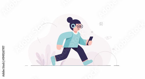 Animated character with headphones and phone running outdoors