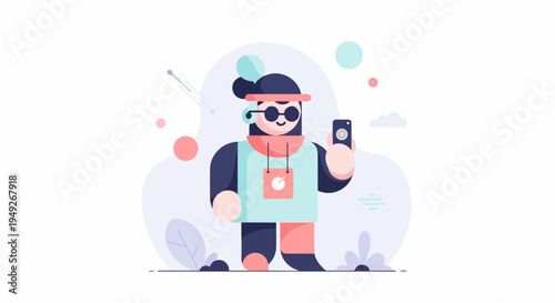 Animated character with headphones and sunglasses taking a photo with a smartphone