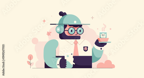 Animated character with headphones and a hat holding a coffee cup and phone