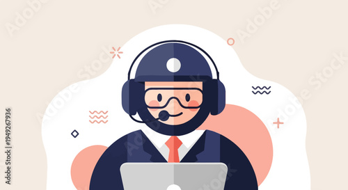 Animated character with headset and laptop, abstract shapes in background