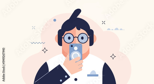Cartoon man in glasses taking a selfie with a phone
