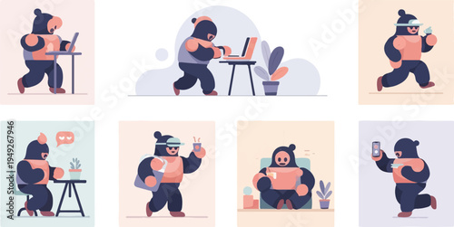 Cartoon bear character in various active and sedentary digital life poses