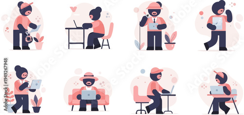 Cartoon bear characters engaged in various work and leisure activities