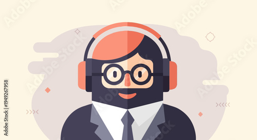 Animated person wearing headphones and glasses, professional attire