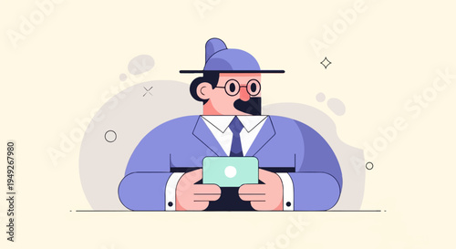 Animated character with glasses and hat holds a glowing tablet device
