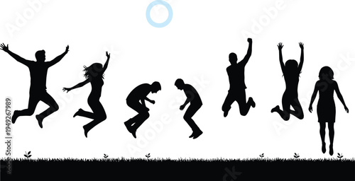 Silhouette of happy diverse people jumping in air on grass field at sunset celebrating success freedom and joyful friendship group outdoor activity