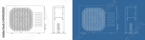Set of Outdoor Air Conditioner Condenser Units Technical Drawing Blueprint and Line Art
