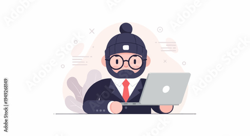 Bearded man in suit and beanie with glasses types on laptop
