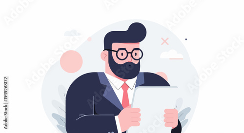 Bearded man in suit and glasses holds a document
