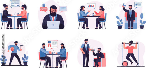 Business scenes show people collaborating, presenting, and working out