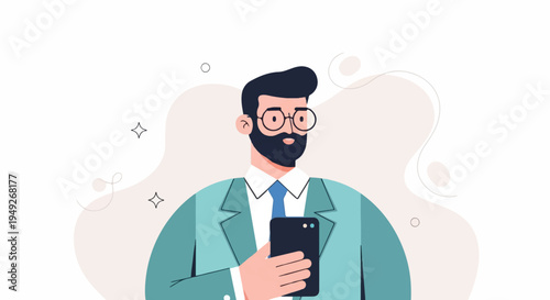 Bearded man in suit and glasses holding smartphone with abstract background