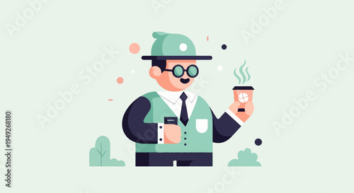 Businessman holding a cup of coffee and a phone, in flat illustration style
