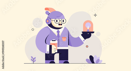Anthropomorphic character holding coffee and a lightbulb
