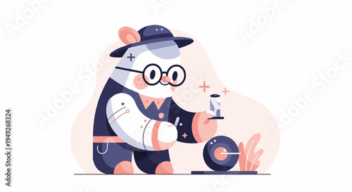Anthropomorphic mouse scientist mixes solution in beaker, wearing glasses and hat