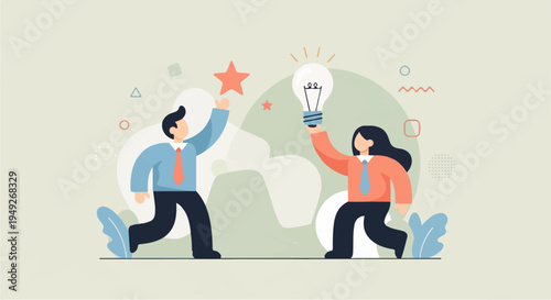 Business partners celebrate success and innovation with light bulb and star