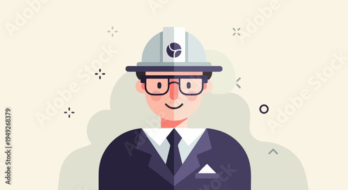 Animated portrait of a smiling man in a hard hat and suit, on a light background