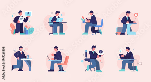 Business people engage in various office activities and technological tasks