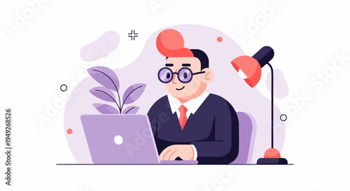 Animated man in suit works on laptop beside desk lamp and plant