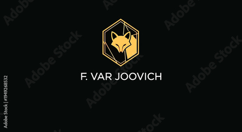 Modern Geometric Golden Fox Head Logo in Hexagonal Frame on Black Background, Abstract Animal Emblem Graphic Design Concept