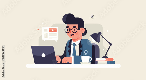 Animated man in suit works on laptop with coffee and books