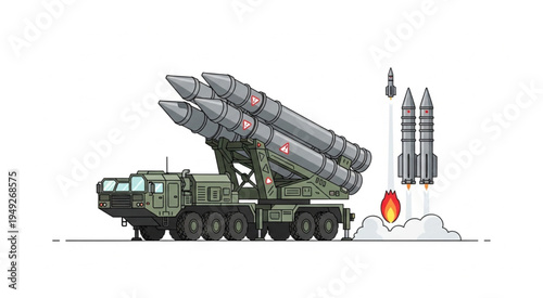 Mobile Missile Launcher and Launching Missile Illustration on White Background.