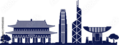 Hong Kong City Skyline Silhouette with Bank of China Tower and Victoria Peak Pavilion. Hong Kong Tourism Landmarks and Modern Skyscrapers Silhouette.