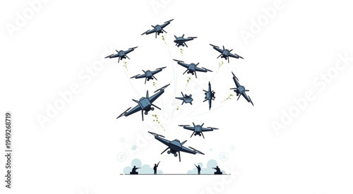 A swarm of futuristic drones soaring above a crowd of people.