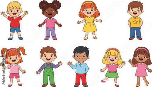 Set of Diverse and Happy Children in Different Poses, Outfits, and Hairstyles in Vector Style