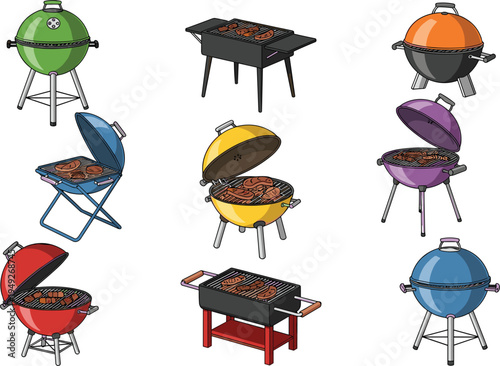 Set of Colorful BBQ Grills with Different Designs and Cooking Styles in Vector Illustration