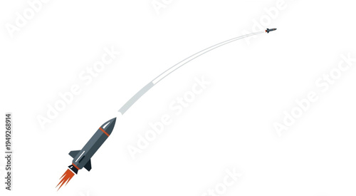 Rocket Launching into Space with Trail on White Background.