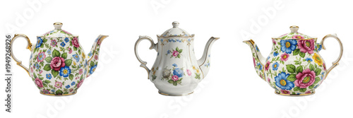 Fotografía Set of floral ceramic teapots isolated on transparent background PNG