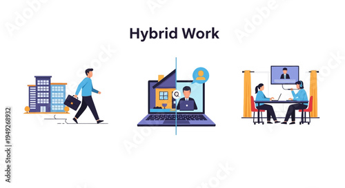 Hybrid Work Model Illustration: Blending Office & Remote Employment for Future Workforce Flexibility
