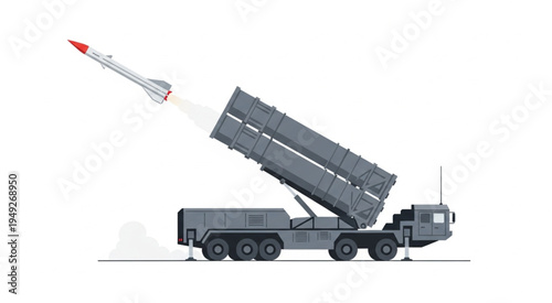 Mobile Missile Launcher Launching a Missile on White Background.