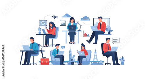 Global Remote Work & Digital Business Collaboration Illustration. Distributed Teams, Freelancers & Online Professionals.