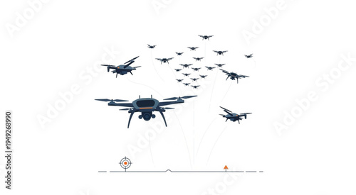A swarm of drones flying in formation against a white background.