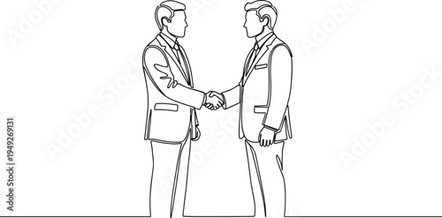 Minimalist continuous line art drawing of two businessmen shaking hands, professional agreement, corporate partnership concept, isolated on white background, vector