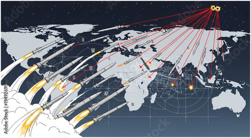 Global Missile Launch Illustration - A Depiction of Worldwide Nuclear Threat.