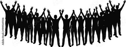 Crowd of people celebrating with raised hands group silhouette banner representing success teamwork festival audience cheering vector illustration