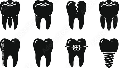 Dental tooth icons set including healthy tooth cracked tooth braces and implant black silhouette vector illustration collection